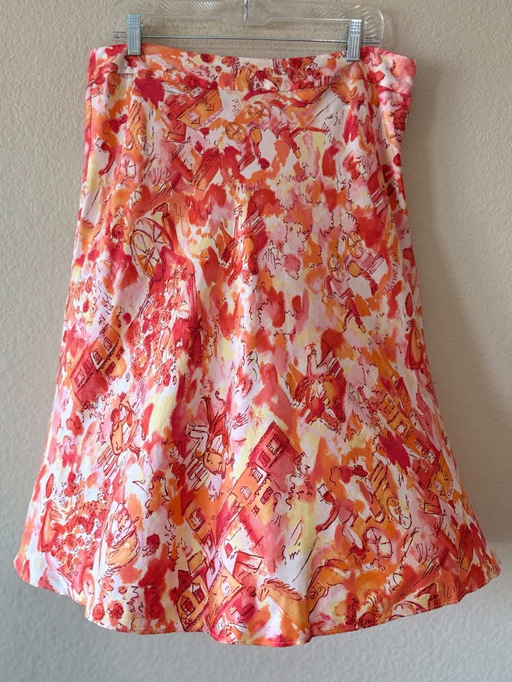 Valerie Stevens Pink Orange 100% Silk A Line Skirt "Lover in the Park” Sketch 16